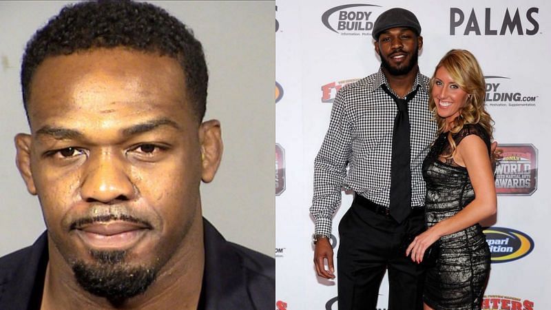 Jon Jones&#039;s mugshot (left) and Jones with Jessie Moses (right) [Photo credit: Las Vegas Metropolitan Police Department]