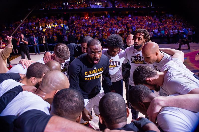 LeBron James #23 of the Cleveland Cavaliers leads his teammates in the huddle prior to Game One of the NBA Eastern Conference semifinals against the Toronto Raptors at Quicken Loans Arena on May 1, 2017 in Cleveland, Ohio.