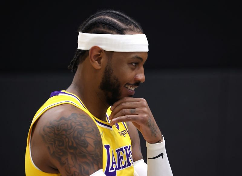 Carmelo Anthony #7 of the Los Angeles Lakers smiles before his press conference during Los Angeles Lakers media day at UCLA Health Training Center on September 28, 2021 in El Segundo, California.
