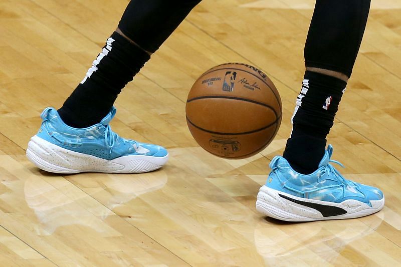 Marvin Bagley III #35 of the Sacramento Kings wears a pair of Puma shoes prior to the start of an NBA game against the New Orleans Pelicans at Smoothie King Center on February 01, 2021 in New Orleans, Louisiana.