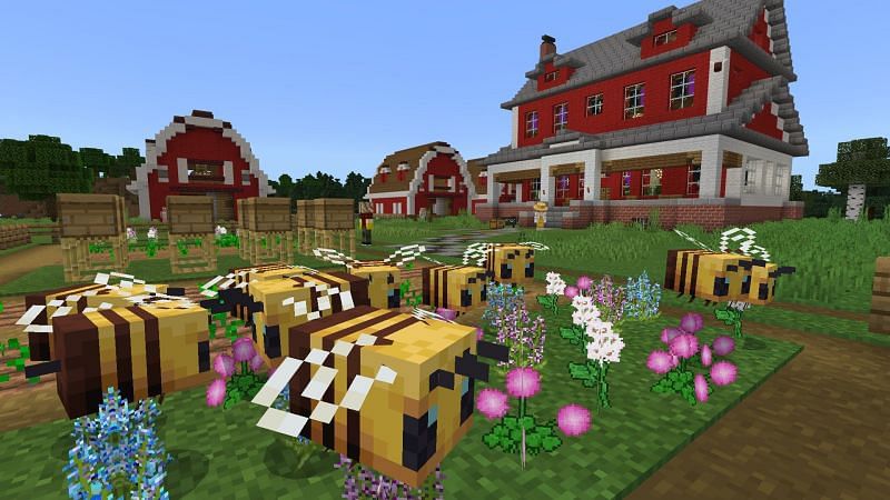 Bees collect pollen from nearby flowers in order to make honey at their nest or hive (Image via Mojang).