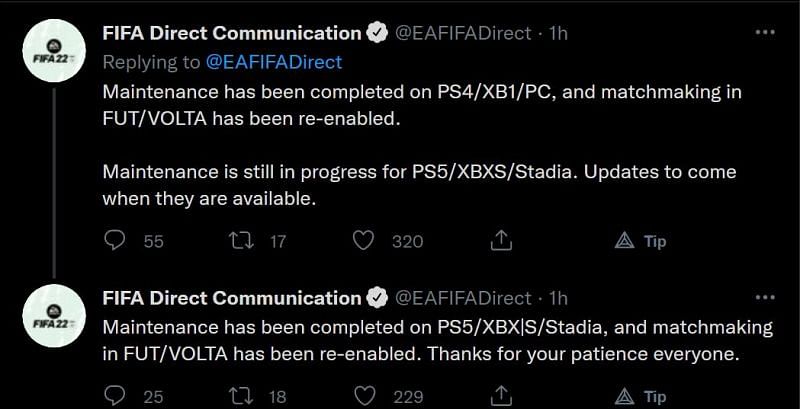All servers have been restored (Image via @EAFIFADirect, Twitter)
