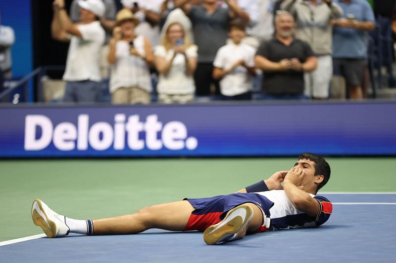 Carlos Alcaraz celebrates his win over Stefanos Tsitsipas at the 2021 US Open