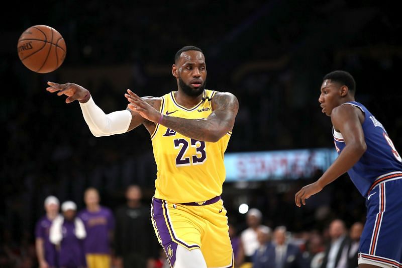 LeBron James #23 of the Los Angeles Lakers passes the ball during the second half of a game against the New York Knicks