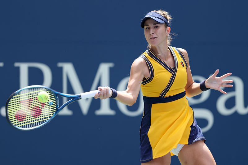 Belinda Bencic strikes a forehand during the 2021 US Open