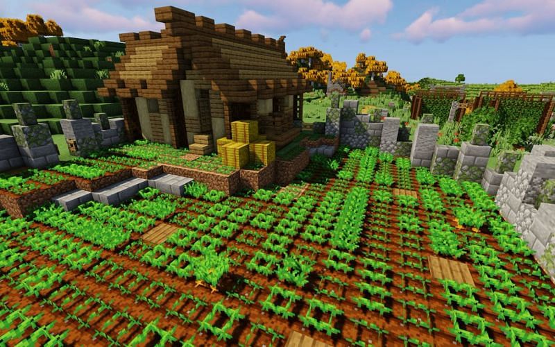 An image of a farm in Minecraft. Image via Minecraft.