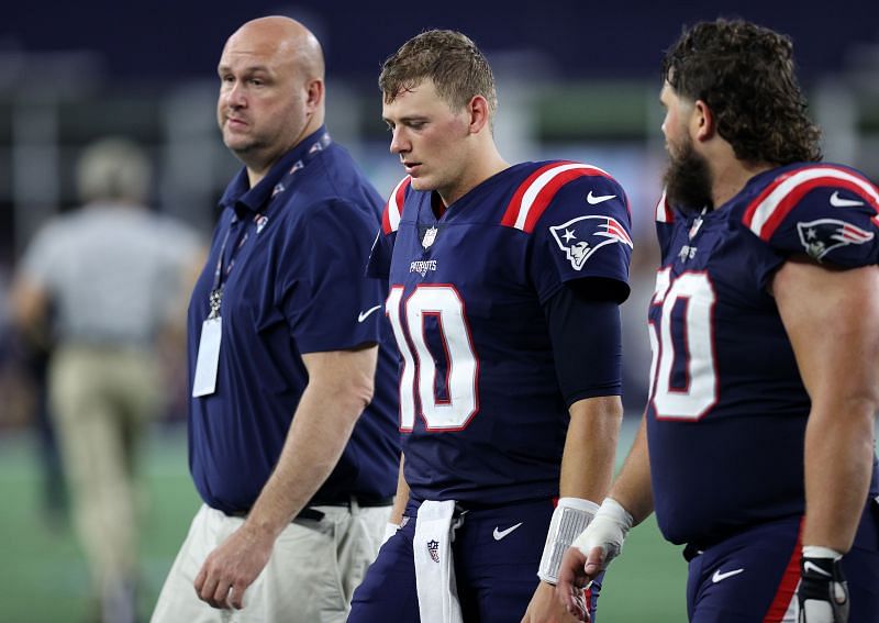 A dejected New England Patriots quarterback Mac Jones after losing in Week 1