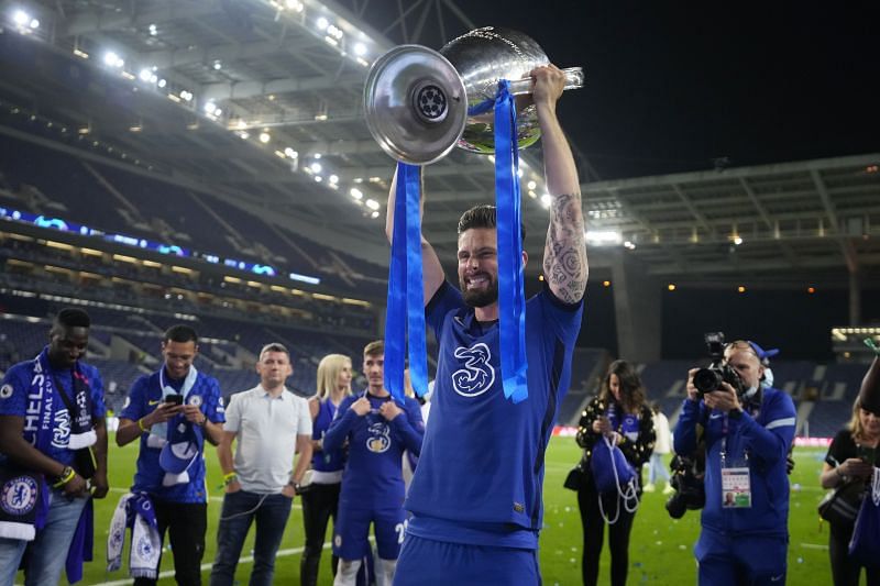Chelsea&#039;s Olivier Giroud celebrates their 2020-21 UEFA Champions League victory.