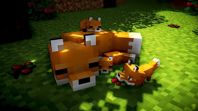Minecraft wolf cuddling with its babies (Image via Minecraft)