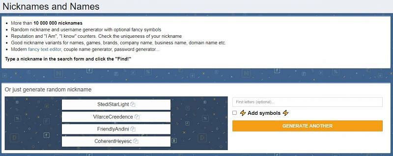 Get cool usernames by using this easy to use Fortnite names generator (Image via Nickfinder)