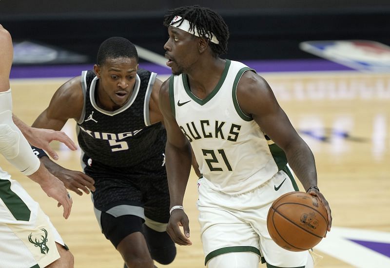 Jrue Holiday #21 of the Milwaukee Bucks in action during an NBA game.