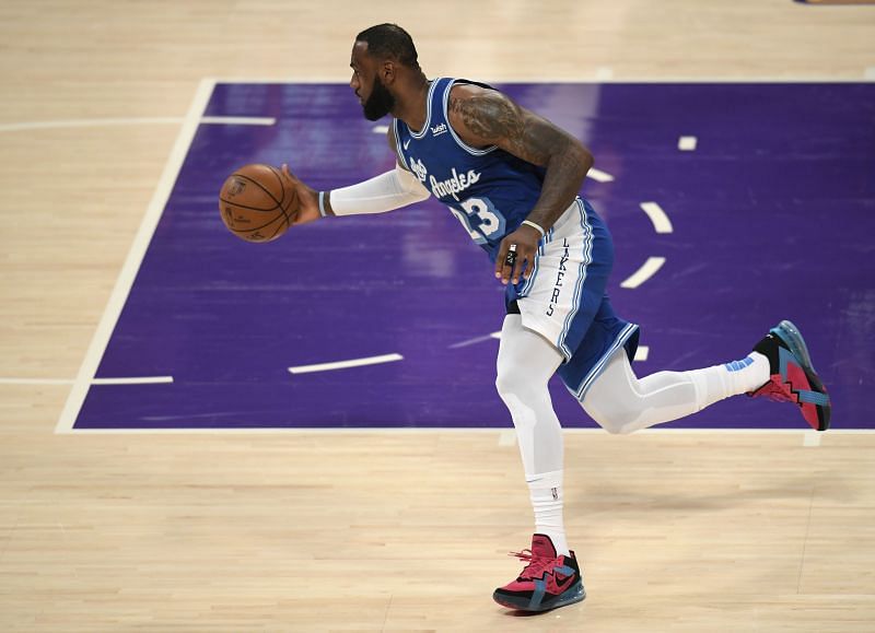 LeBron James #23 of the Los Angeles Lakers starts a break during a 137-121 Lakers win over the Minnesota Timberwolves at Staples Center on March 16, 2021 in Los Angeles, California.