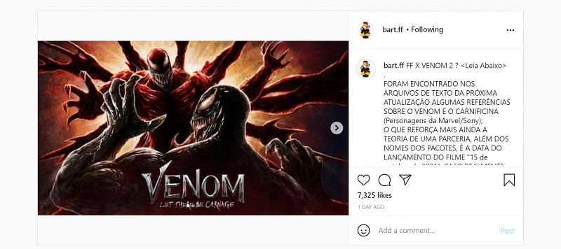 Bart FF&#039;s post on Instagram about Free Fire&#039;s collaboration with Venom 2 (Image via Instagram)