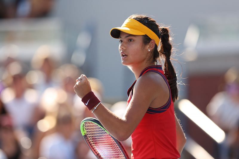 Emma Raducanu celebrates a point at the 2021 US Open