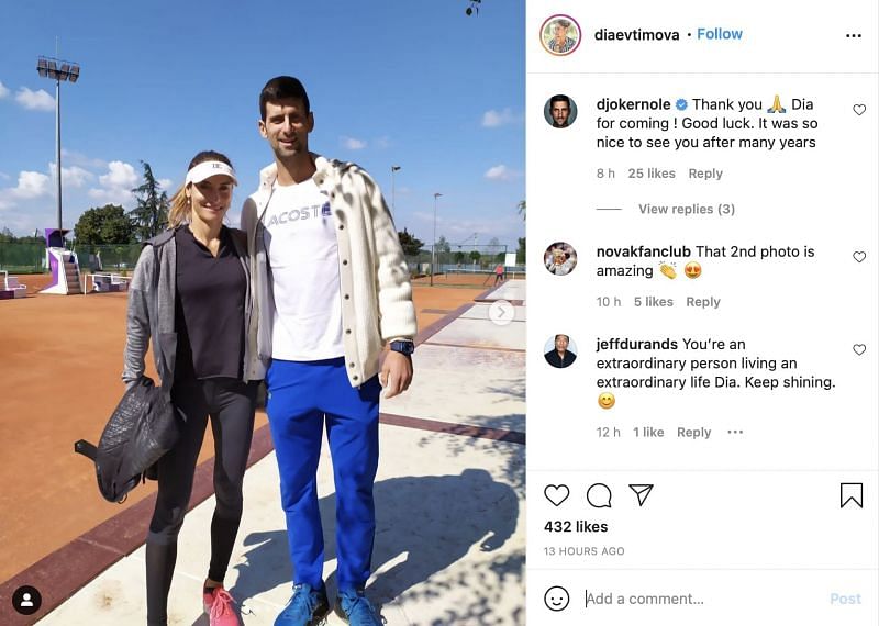 Novak Djokovic thanked Dia Evtimova on her Instagram post