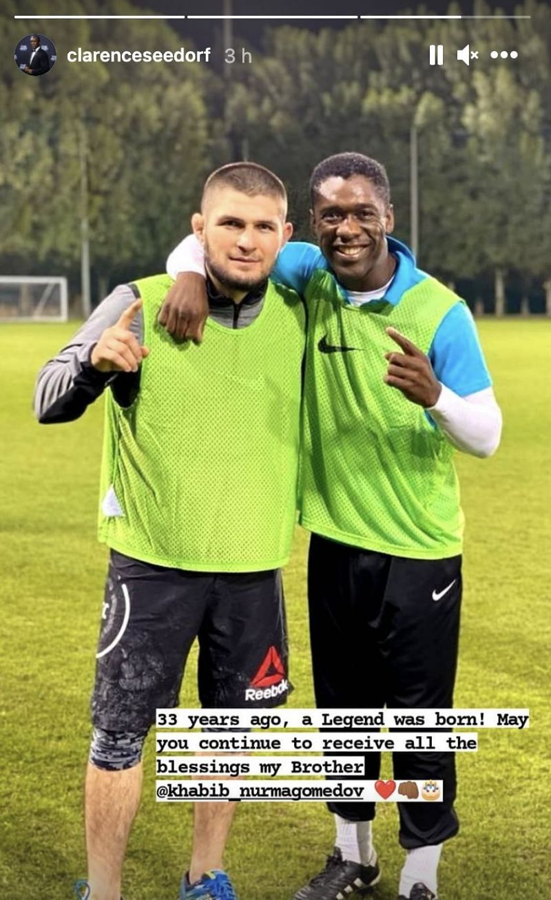 Khabib Nurmgomedov and Clarence Seedorf sharing the football field together in a session.