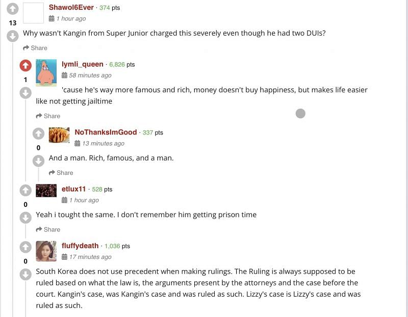 A screenshot of reaction from netizens about Lizzy&rsquo;s prison sentence (Image via allkpop)