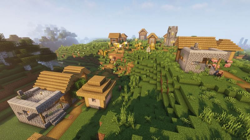 A plains village with blacksmith houses (Image via Minecraft)