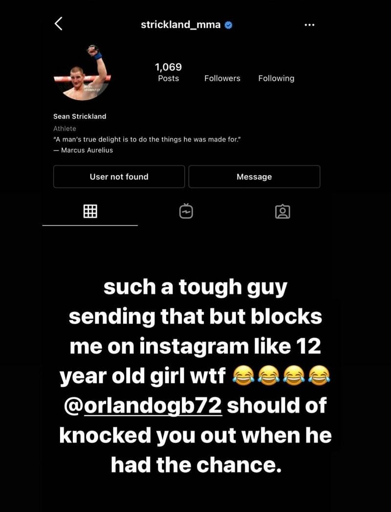 Dillon Danis posts a screenshot saying he is blocked by Sean Strickland on Instagram
