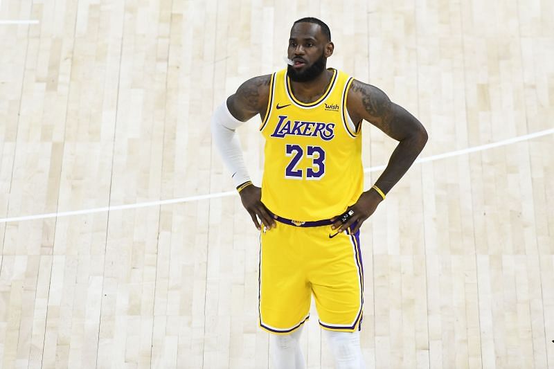 LeBron James looks on at the Los Angeles Lakers v Utah Jazz game