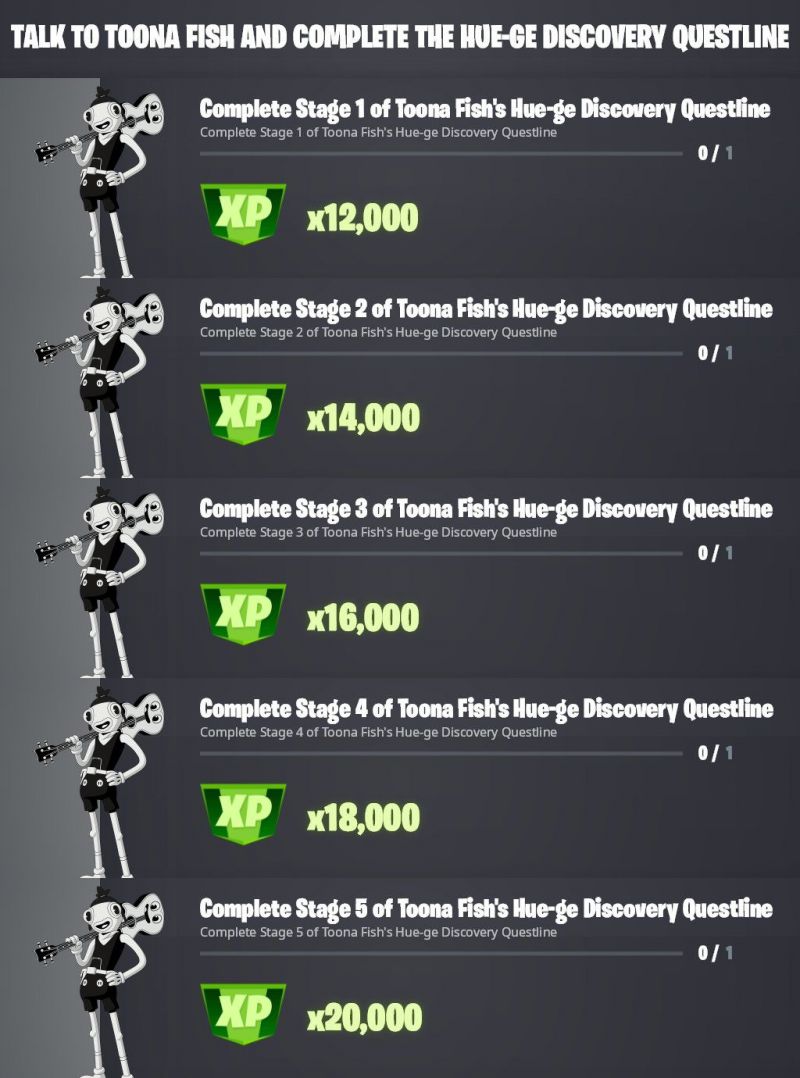 Fortnite Season 8 Toona Fish Hue-ge Discovery questline challenges (Image via iFireMonkey)