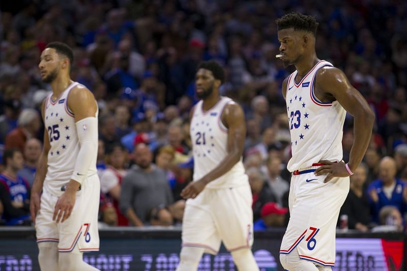 Ben Simmons #25, Joel Embiid #21, and Jimmy Butler #23 of the Philadelphia 76ers in 2019.