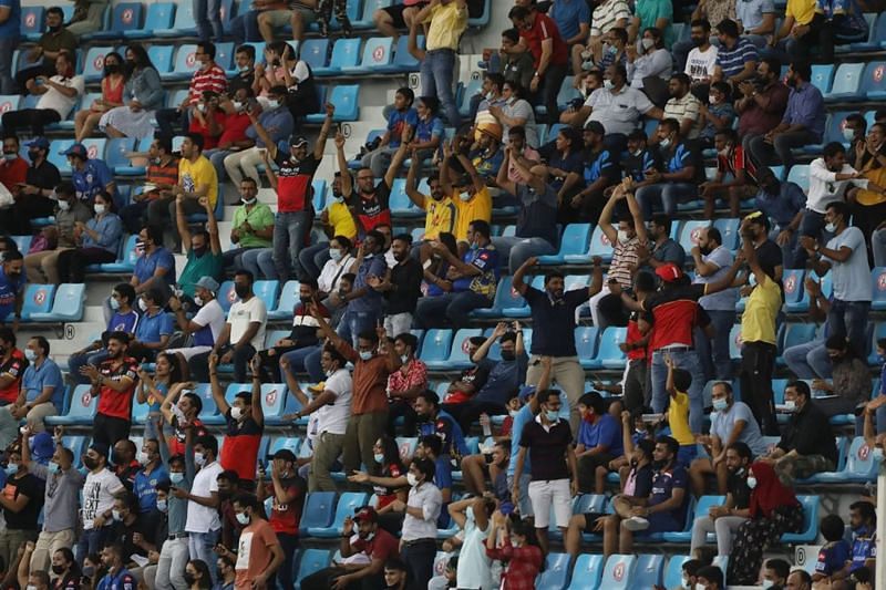 Fans during the IPL 2021 match between MI and RCB at the Dubai International Stadium on Sunday. Pic: IPLT20.COM