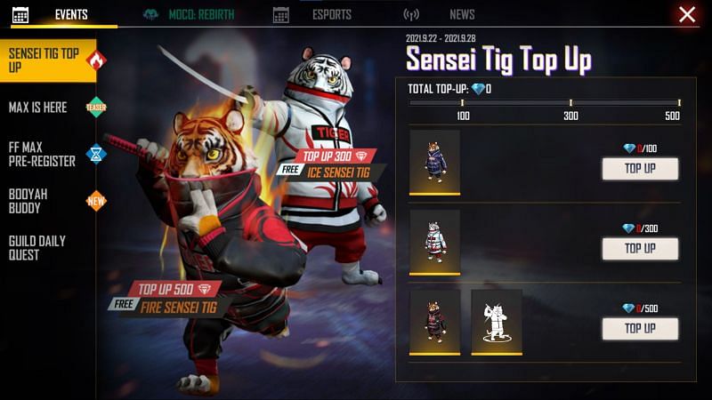 Sensei Tig pet is available through a top-up event (Image via Free Fire)