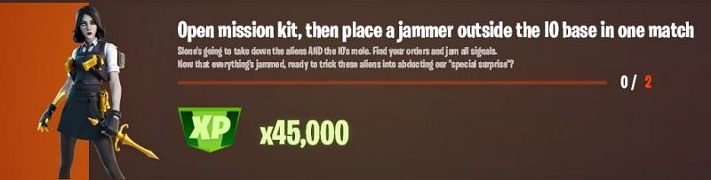 The &quot;Open mission kit, then place a jammer outside the IO base in one match&quot; challenge in Fortnite (Image via Lazyleaks_)