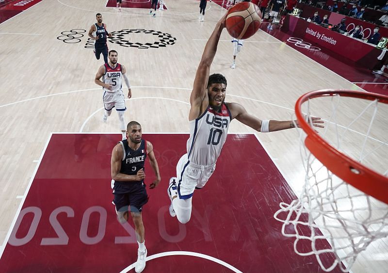 Jayson Tatum (#10) of Team United States goes up for a dunk.