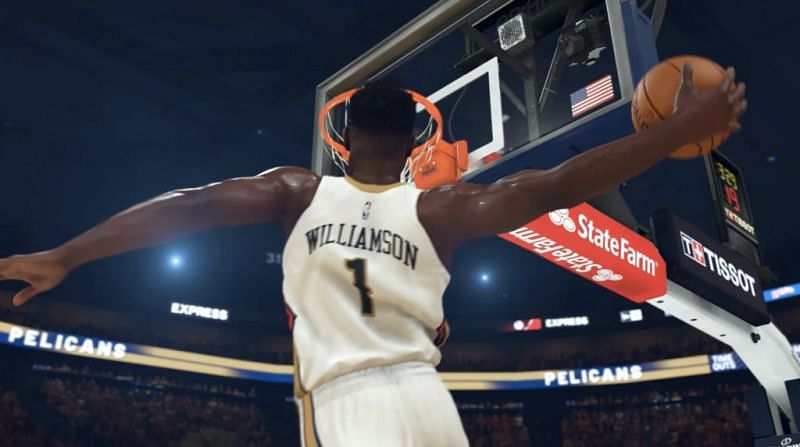 Zion Williamson goes up for a dunk in NBA 2K20 [Source: NBA 2KW]