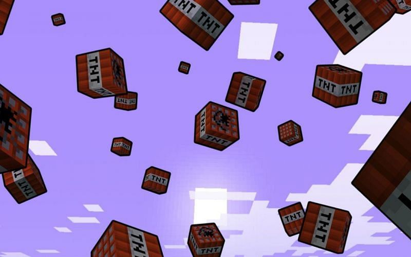 An image of TNT falling from a sky in Minecraft. Image via Minecraft.
