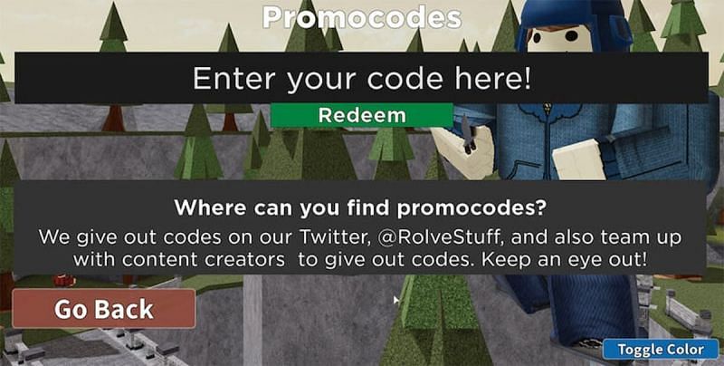 The code redemption window for Arsenal. (Image via Roblox Corporation)
