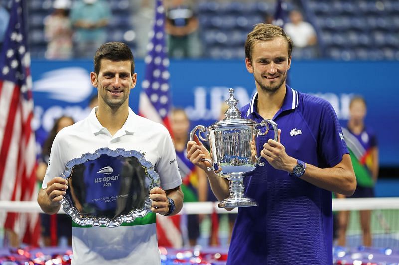 (L-R): Novak Djokovic &amp; Daniil Medvedev with their trophies at the 2021 US Open