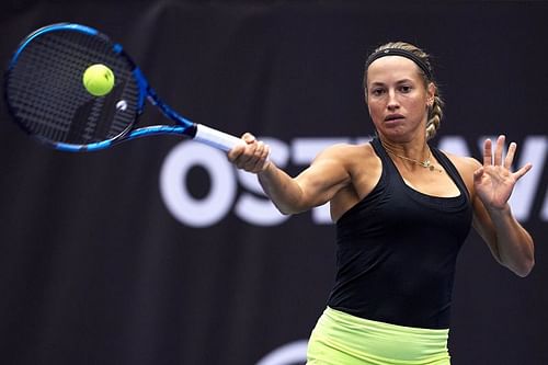 Yulia Putintseva in action at the J&T Banka Ostrava Open 2021