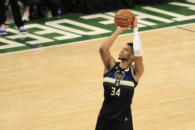 Giannis shooting a shot during the 2021 NBA Finals - Game Six
