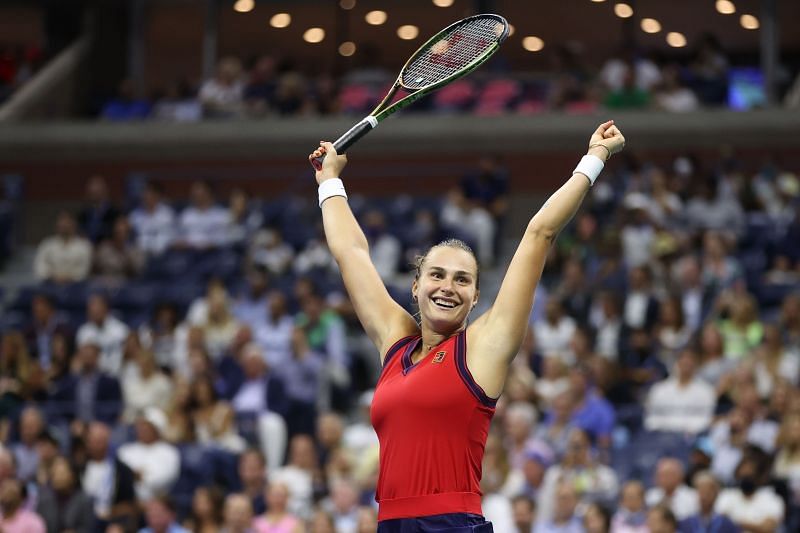 Aryna Sabalenka celebrates her quarterfinal win at the 2021 US Open