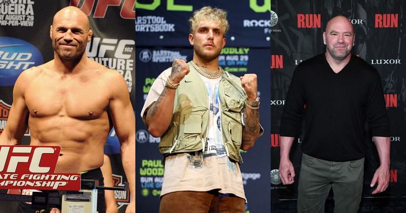 Randy Couture (left) lauded Jake Paul (center) for bringing up the fighter pay issue in the Dana White-owned (right) Ultimate Fighting Championship