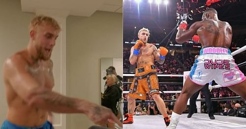 Jake Paul on the treadmill ahead of the fight against Tyron Woodley (Left) [Image credits: Jake Paul on YouTube], Jake Paul vs. Tyron Woodley (Right)