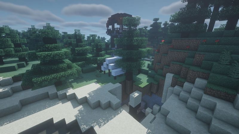 A pillage outpost behind a ruined portal (Image via Minecraft)