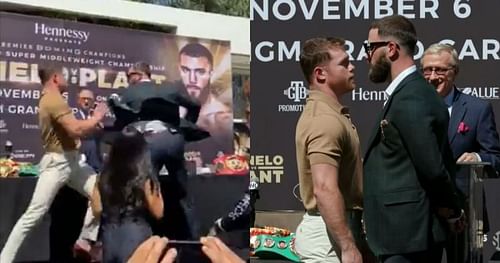 Canelo Alvarez and Caleb Plant traded blows at a press conference