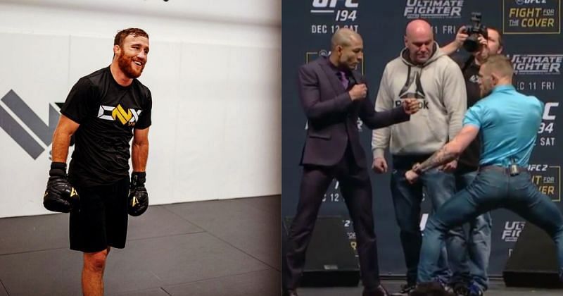 Justin Gaethje (L) via Instagram @justin_gaethje and Conor McGregor, Dana White and Jose Aldo (R) via Twitter @Fight_Ghost