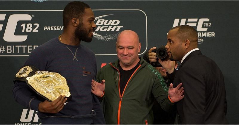 Jon Jones (left) and Daniel Cormier (right) face off before their scheduled fight at UFC 182 [Credits: @UFCEurope via Twitter]