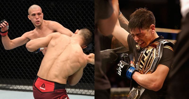 Brian Ortega (left) in action against Chan Sung Jung and Brandon Moreno (right) reacts after winning the UFC flyweight championship
