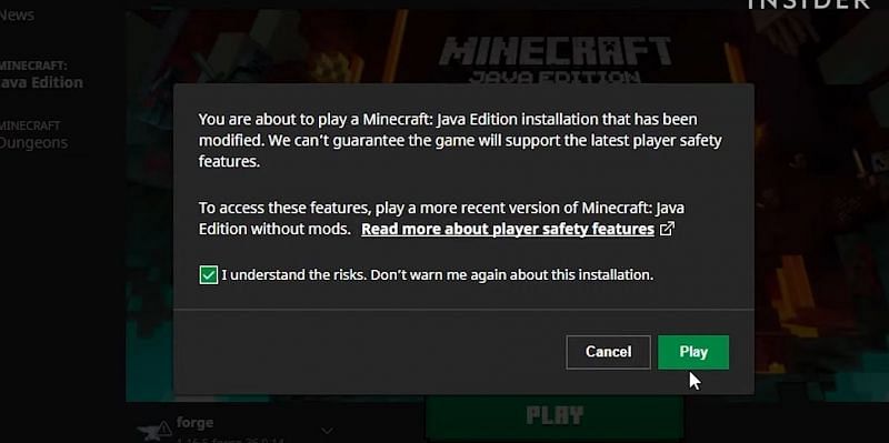 Modded Minecraft installation warning (Image via Mojang)