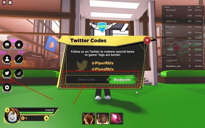 Roblox One Blox Man Players can use the Twitter section to input codes (Image via Studio Cubed)