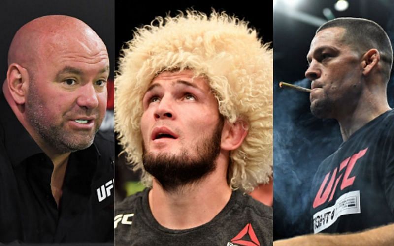 Dana White (left); Khabib Nurmagomedov (center); Nate Diaz (right)