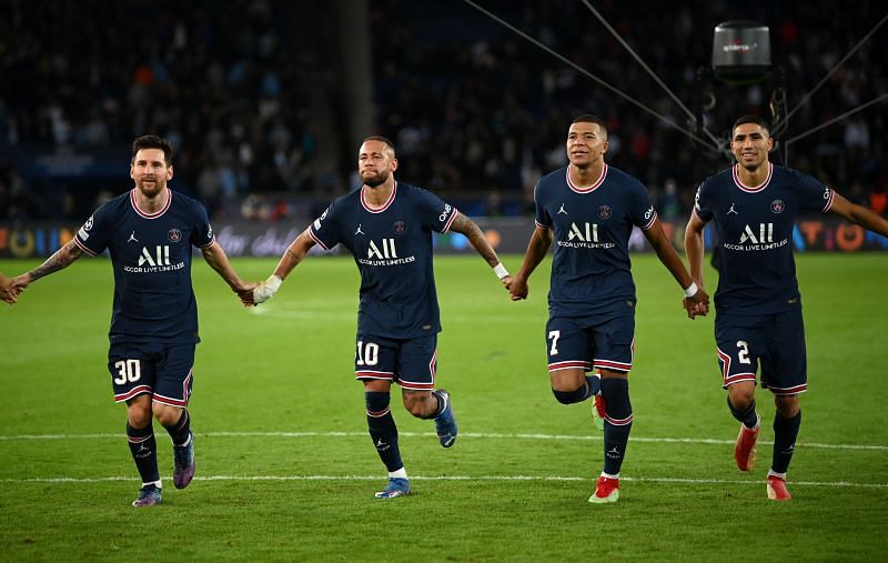 (L to R) Paris Saint-Germain&#039;s Lionel Messi, Neymar, Kylian Mbappe and Achraf Hakimi celebrate after defeating Manchester City 2-0 in the UEFA Champions League.