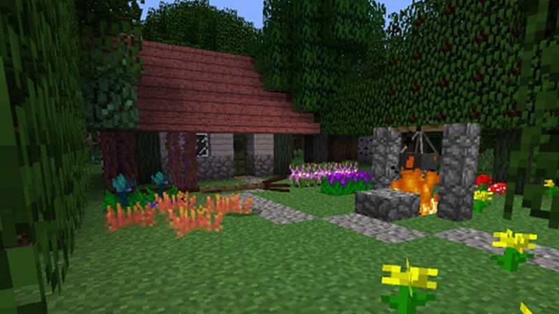 A witch&#039;s hut and brewing setup (Image via Minecraft)