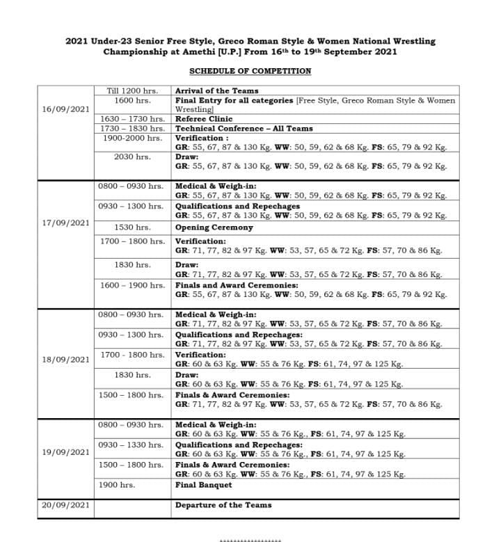 National U23 Wrestling Championship  schedule